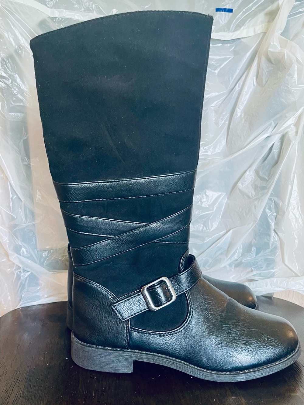 Rachel Shoes Lil Berkley Girls Black Riding Boots Faux Suede Buckle Knee High 3